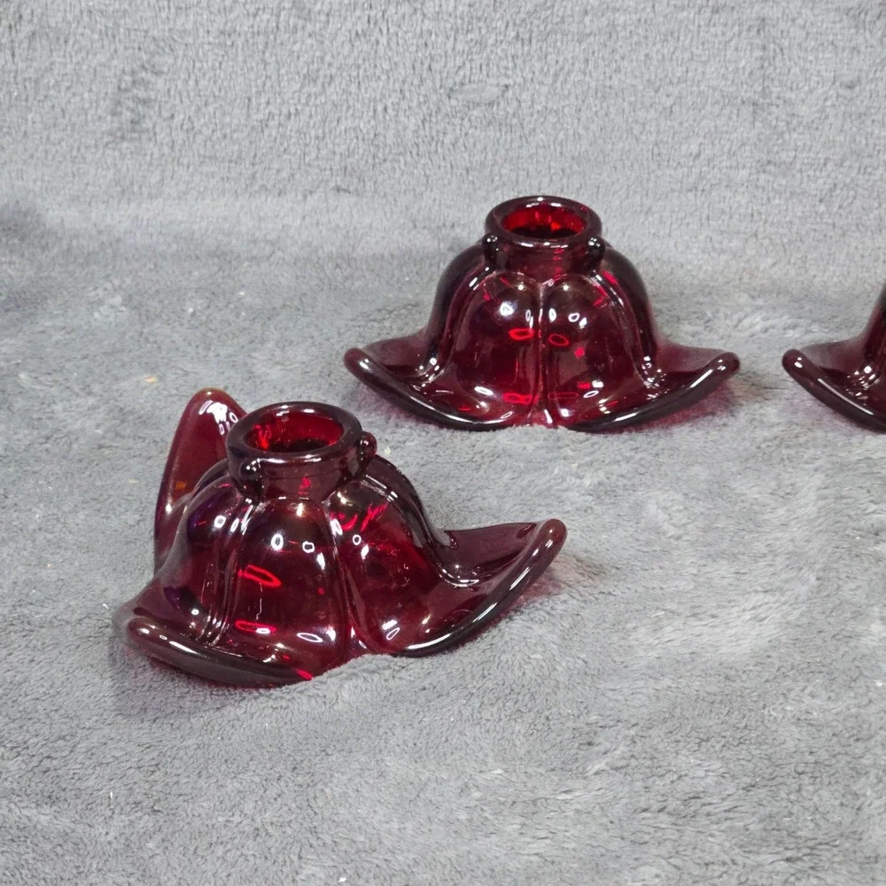 Vintage Ruby Red Glass Flower Candle Holders Set of 4 Star Shape Retro Decor